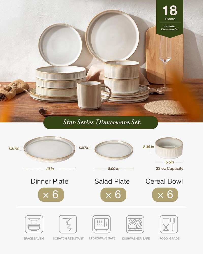famiware Star Plates and Bowls Sets, Modern Stoneware Dinnerware Sets for 6, 18-