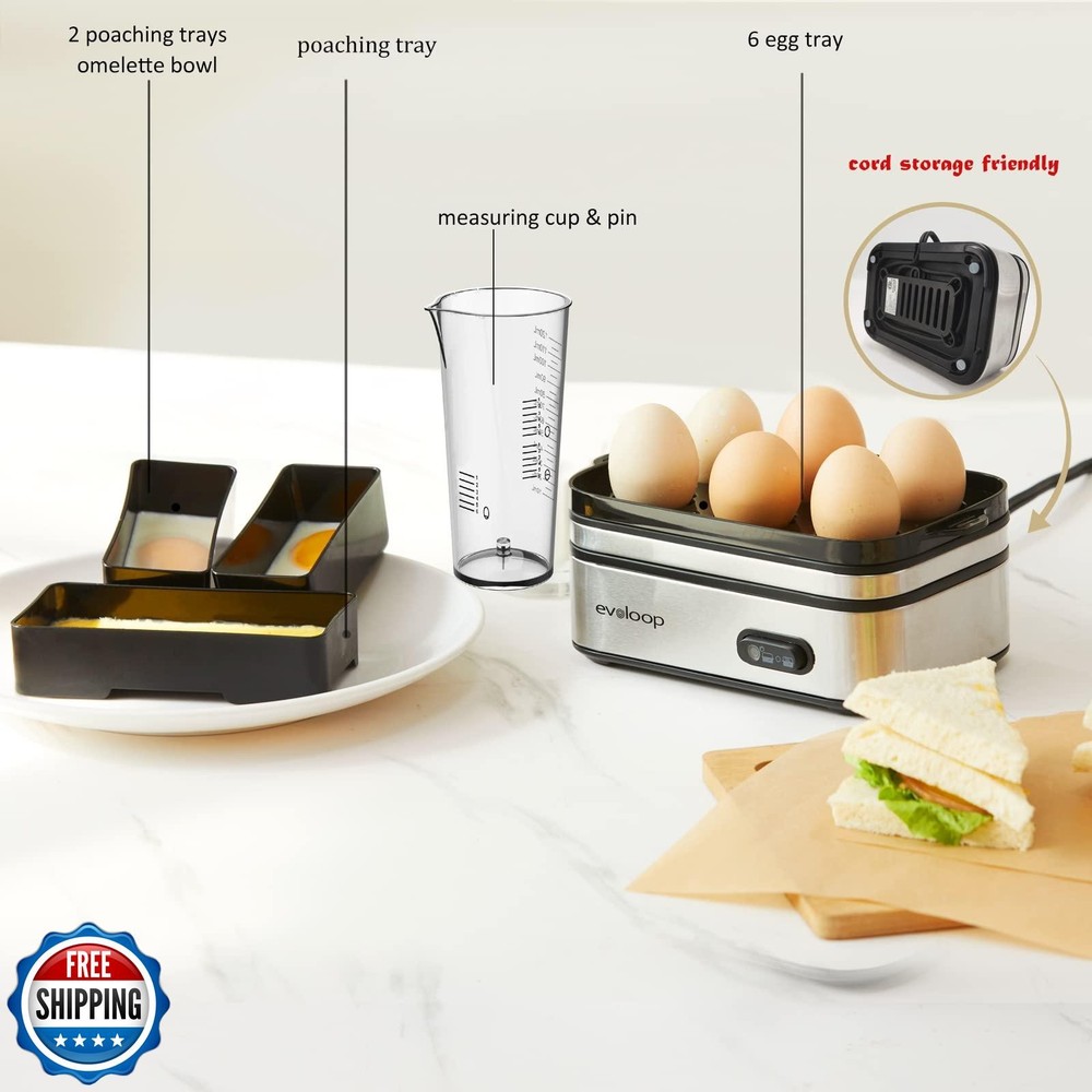 Evoloop Rapid Egg Cooker Electric 6 Eggs Capacity, Soft, Medium, Hard Boiled,