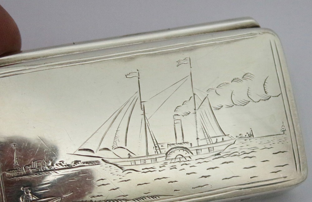 Sterling solid silver stamp box with paddle steamer engraving Elizabeth II
