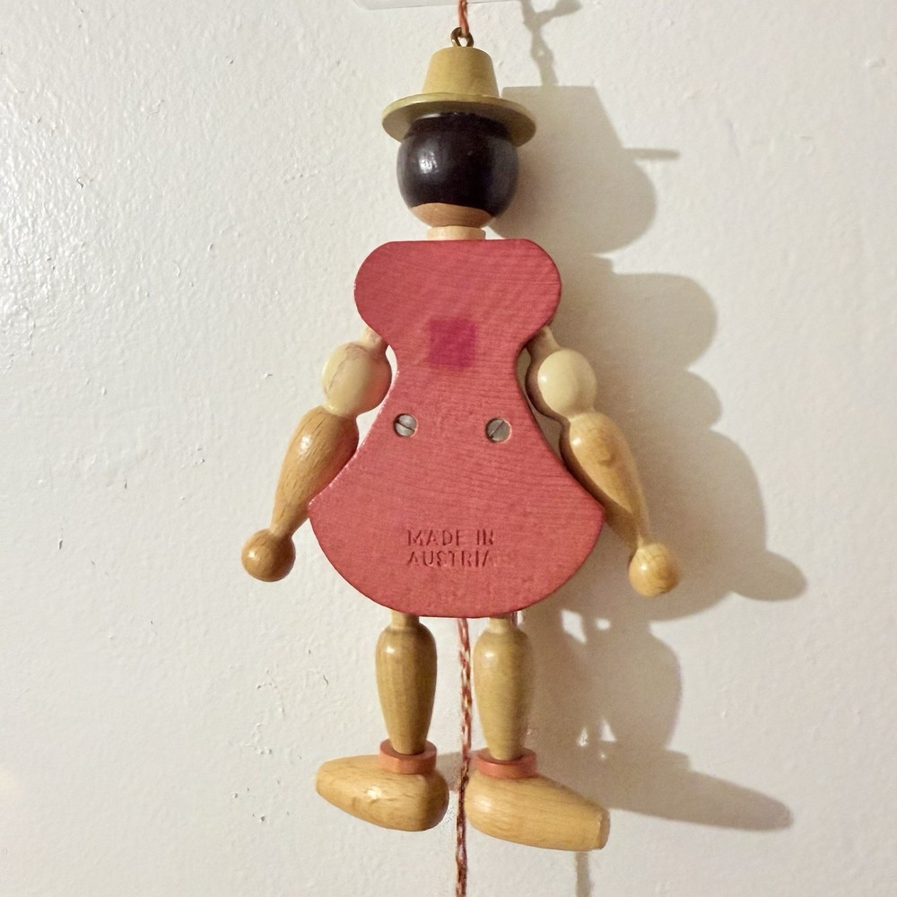 Vintage Austria Wooden Pull String Puppet Christmas Ornament Movement