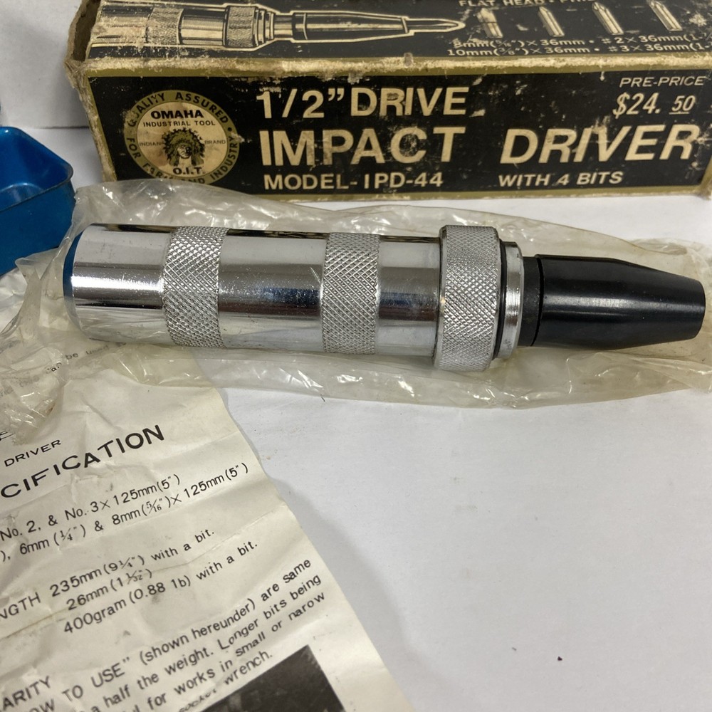 Vintage Omaha Industrial Tool Impact Driver, Case And Box. includes 3 bits