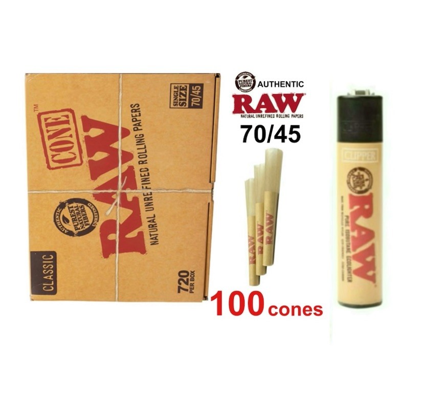 Raw rolling paper single Size 70/45 Pre Rolled Cone + Lighter