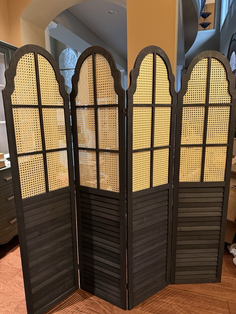 4-Panel Black Wood & Cane Room Divider Folding Screen Boho Coastal Style