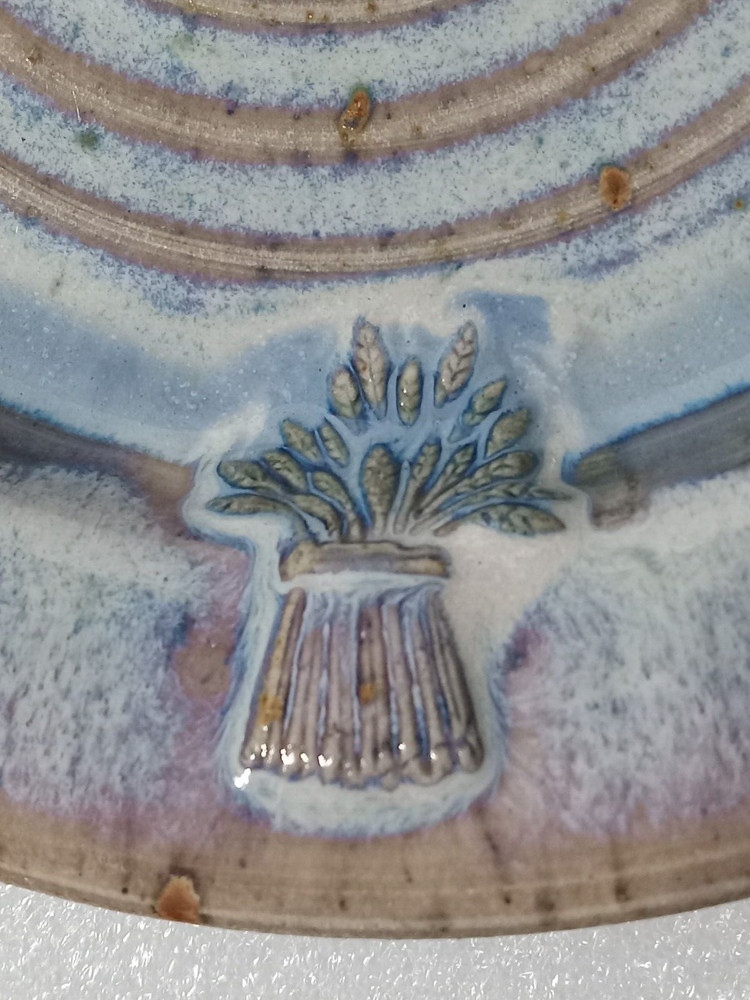 Ceramic Stoneware Chalice & Paten Set Scripture/Crown Thorns Pastel Blue Signed
