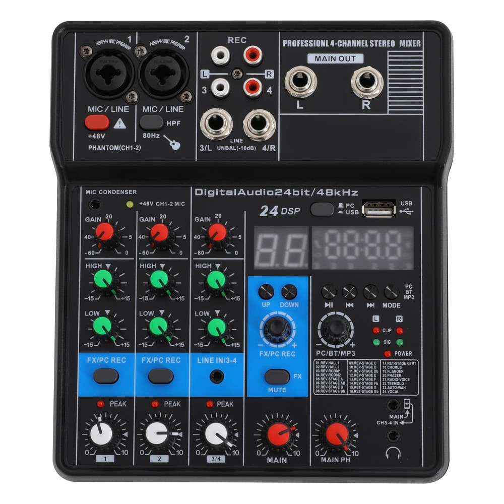 4-Channel Professional Audio Mixer with Bluetooth, USB & DSP Effects