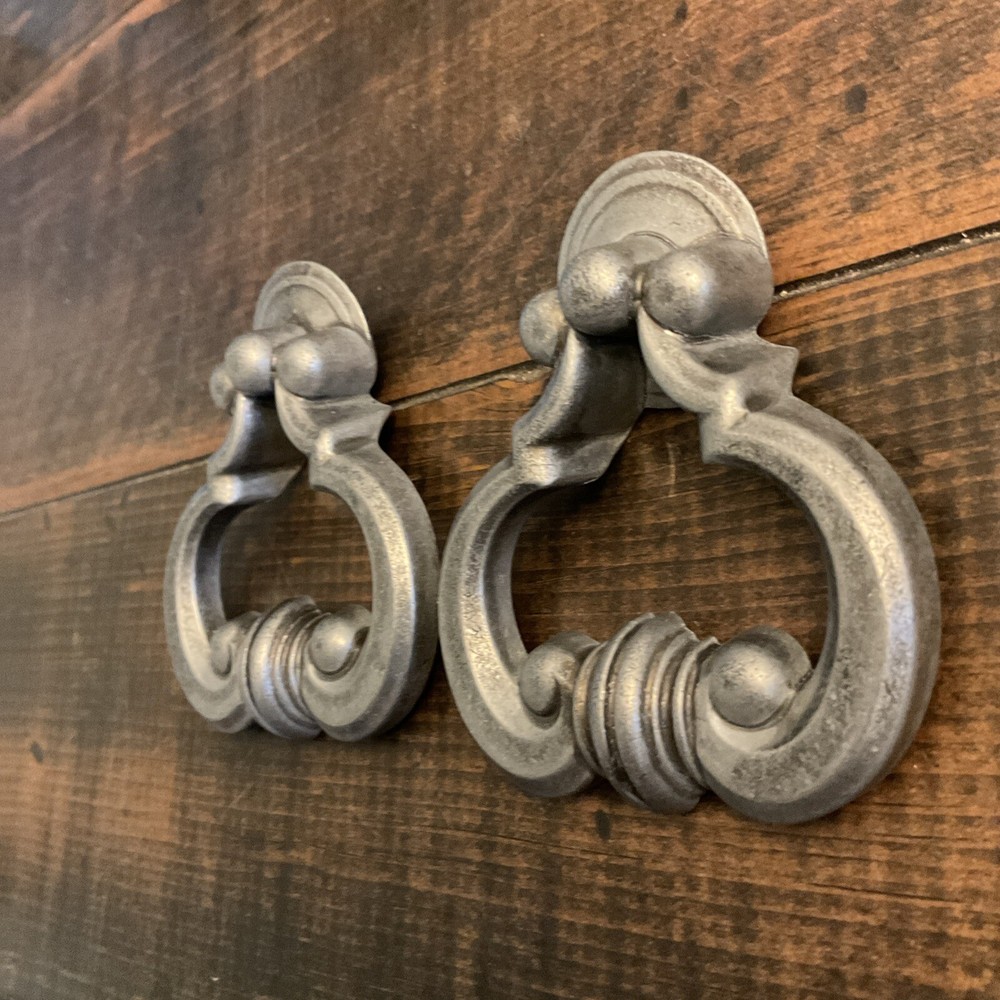 2 Antique Silver Pewter Look Drawer Pull Door Knocker Style handle