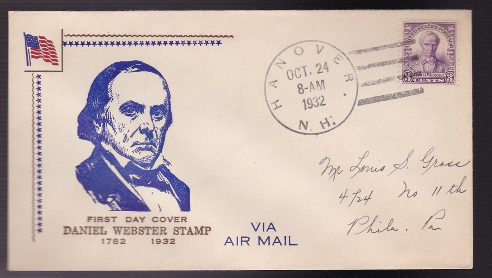 DANIEL WEBSTER #725 US FIRST DAY COVER 1932, UNKNOWN CACHET FDC