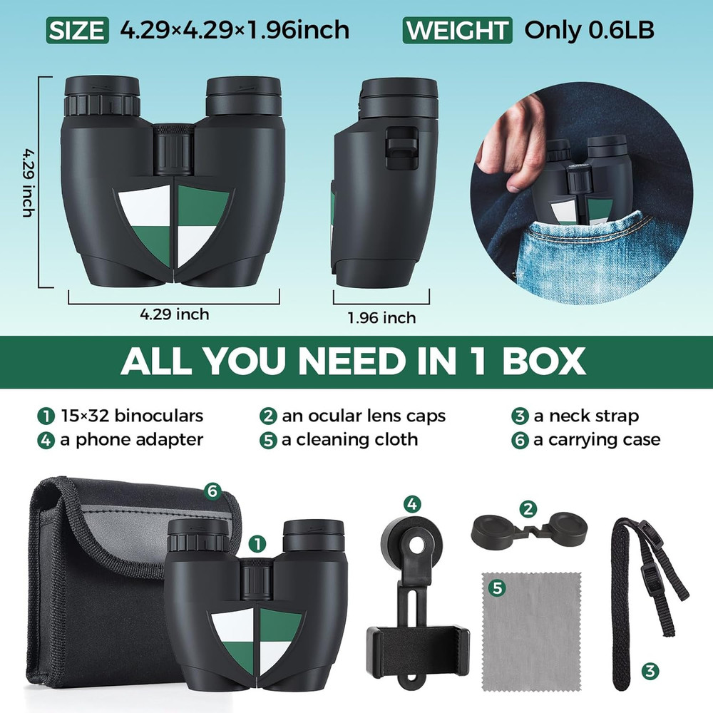 15X32 Compact Binoculars for Adults, High Power Lightweight Small Binoculars wit