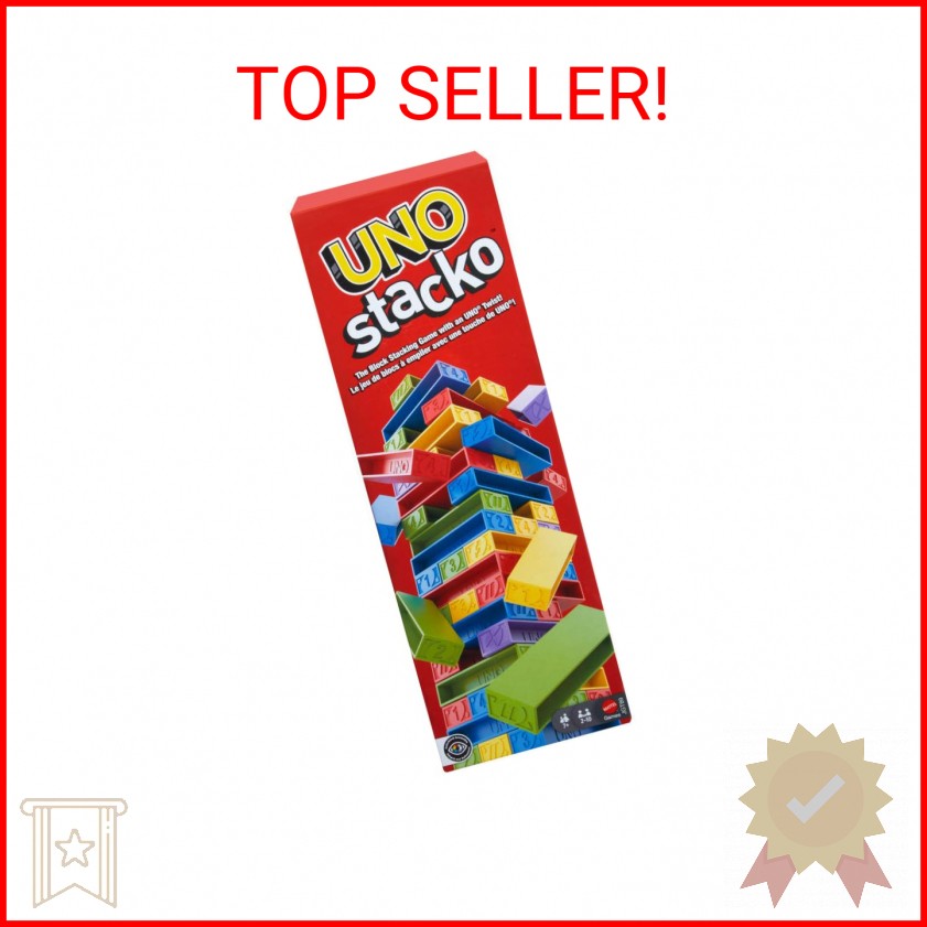 Mattel Games UNO Stacko Game for Kids & Family with 45 Colored Stacking Blocks &