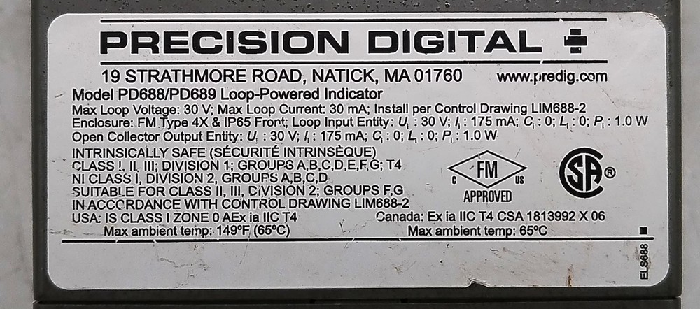 PERCISION DIGITAL PD688-0K0 LOOP-POWERED PROCESS METER