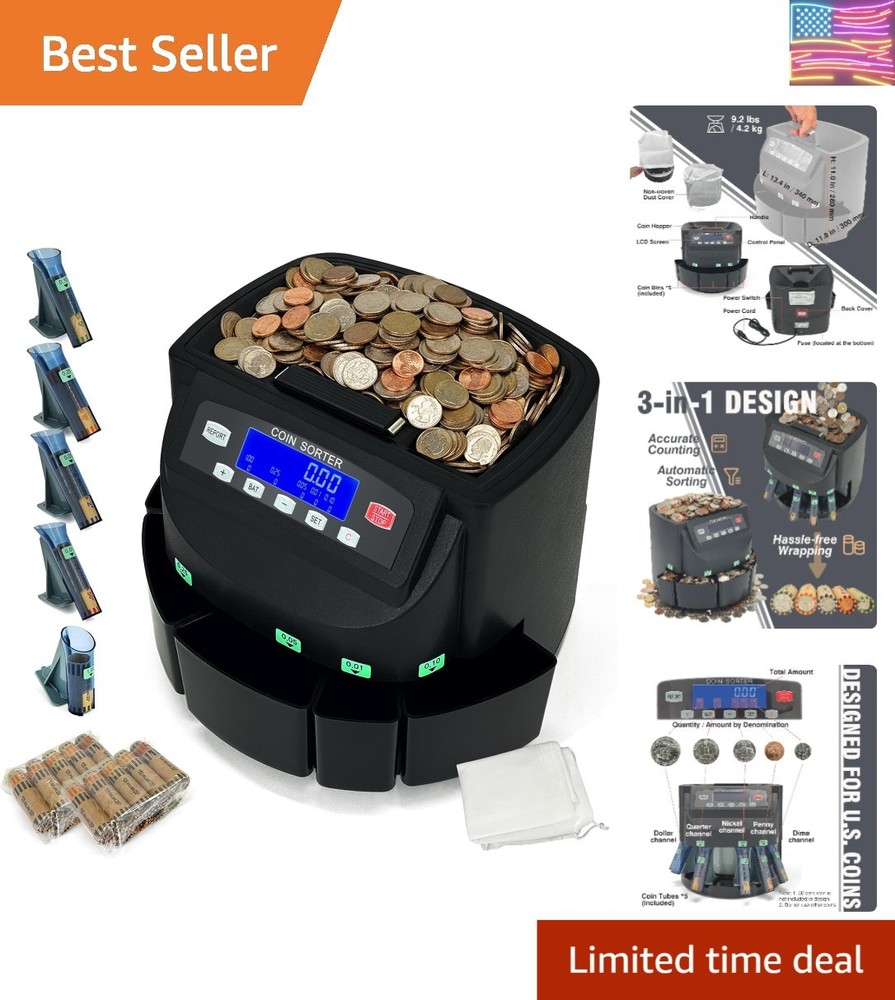 USD Coin Counter Machine with LCD Display,Coin Sorter and Wrapper Machine,Sor...