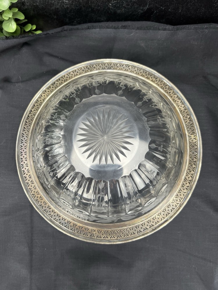 Etched Crystal And Sterling Silver Bowl