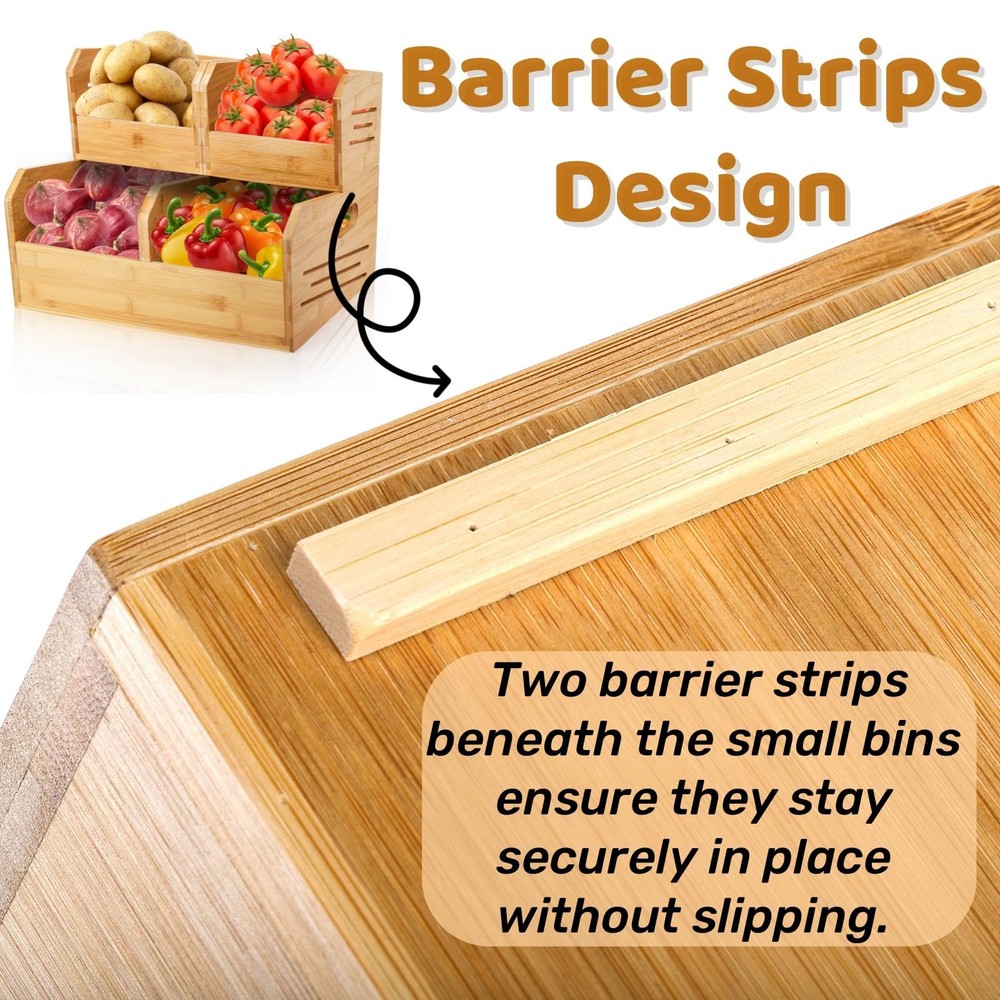 2 Tier Bamboo Stackable Storage Bins, 4 Compartment Potato and Onion Storage ...