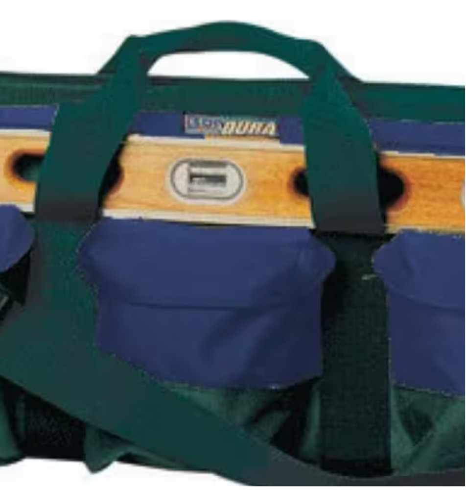 Mason Tool Bag Green/Blue Web Handle Exterior 3-Pockets Removable Shoulder Strap