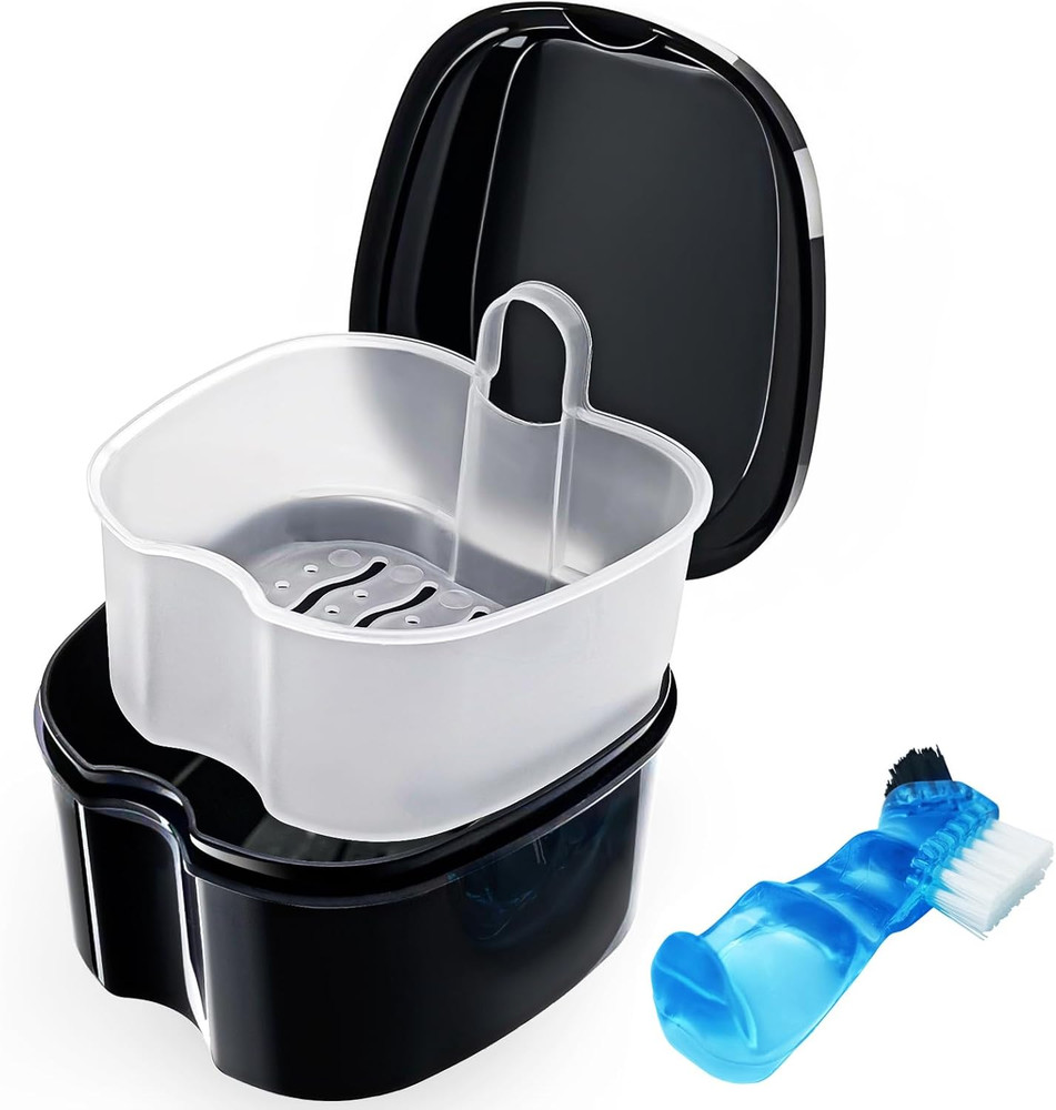 Denture Case Denture Bath Cup with Brush Denture Container Cups for Soaking De