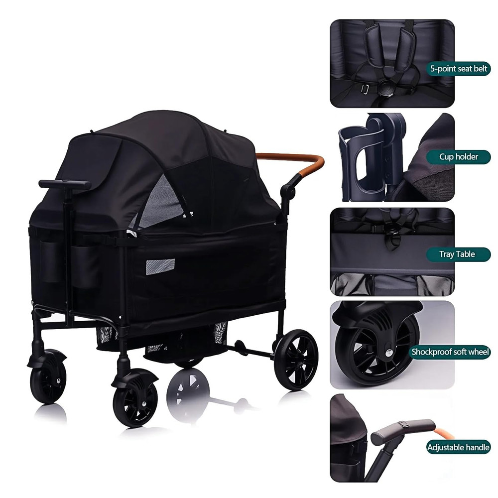 Luxury Wagon Stroller for 2 Kids & Cargo-Lightweight Foldable Travel Push Pull A