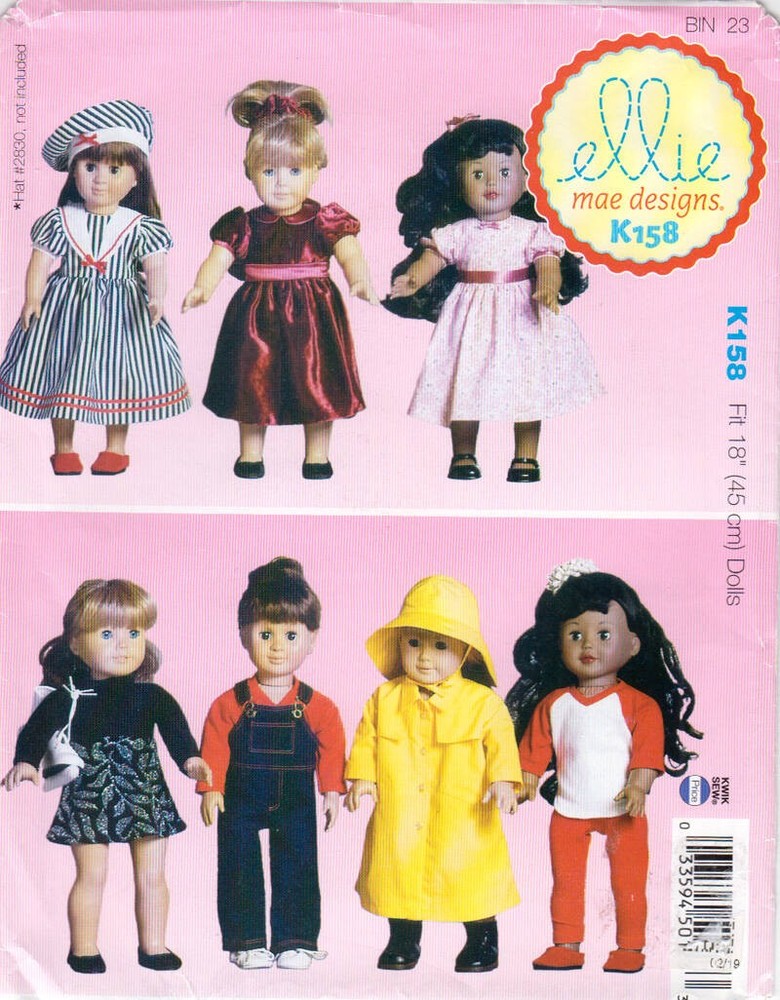 K158 Ellie Mae Designs Pattern Wardrobe for 18" Dolls