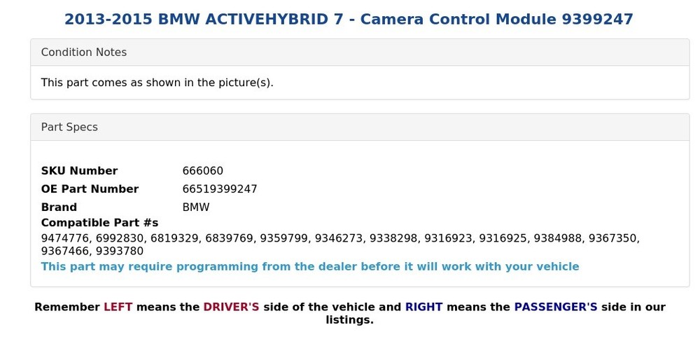 2013-2015 BMW ACTIVEHYBRID 7 - Camera Control Module 9399247