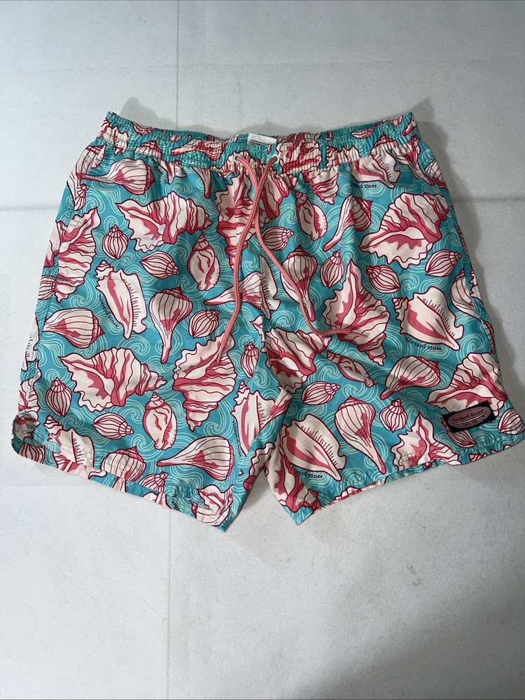 Vineyard Vines Men’s Swim Trunks Medium Blue With Conch Shells Draw Strings
