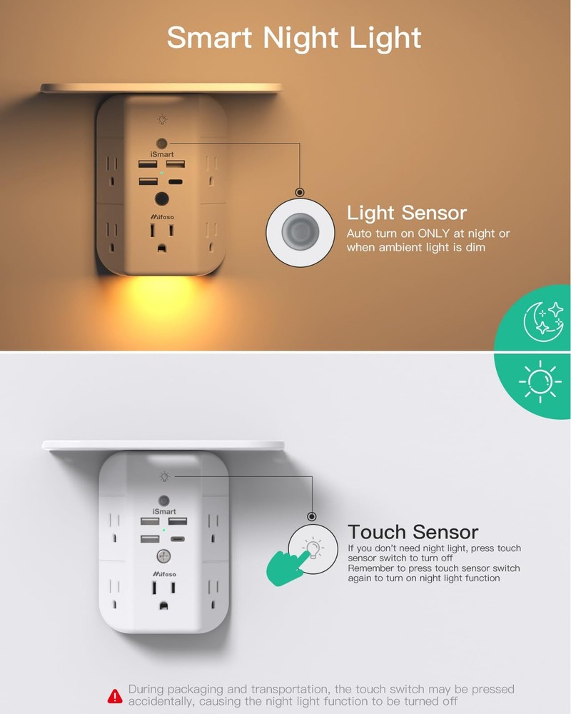Mifaso 3-Sided Multi Plug Wall Extender Shelf Night Light Surge Protector USB C