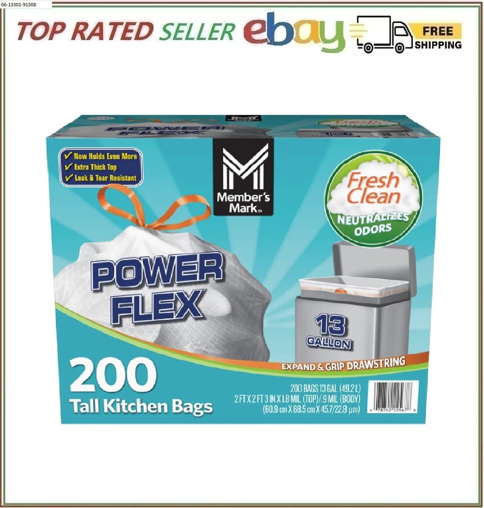 Member's Mark Power Flex Tall Kitchen Drawstring Trash Bags Fresh Scent 13 gal