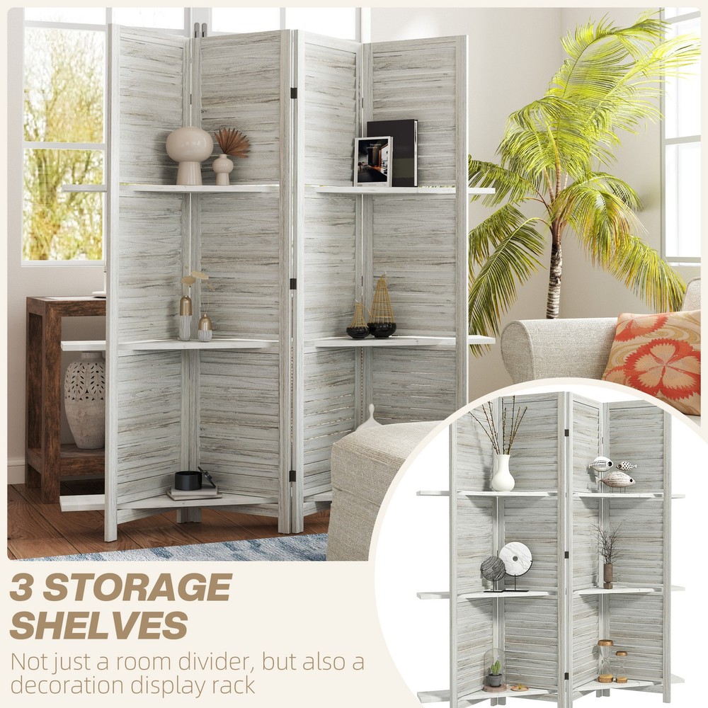 4 Panel Privacy Screen, Room Divider with 3 Shelves Distressed White