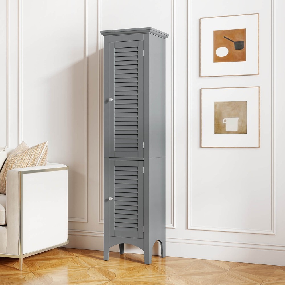 63” Tall Bathroom Cabinet w/ 2 Louvered Doors & Adjustable Shelf, Elevated Legs