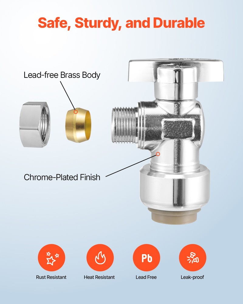 VEVOR 10 Pack Push Angle Stop 1/2" PTC x 3/8" Comp 1/4 Turn Valve