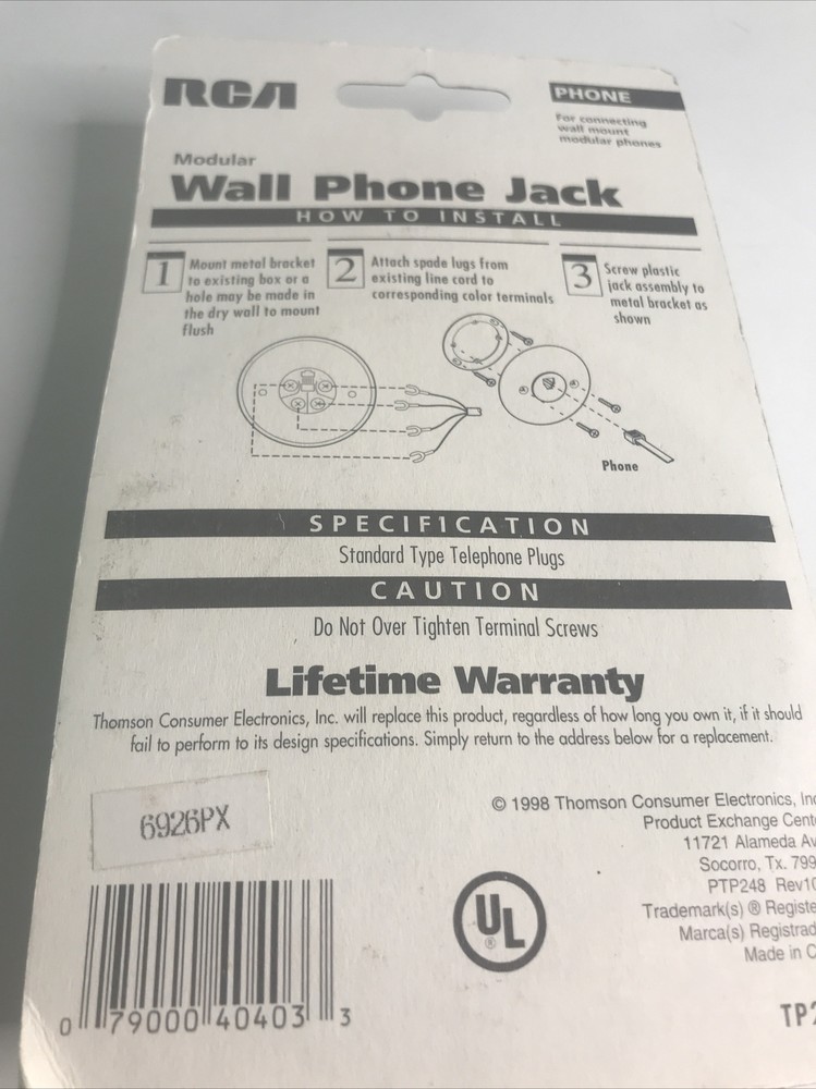 RCA Modular Wall Phone Jack New 1858