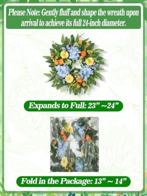 24in Hydrangea Spring Wreaths for Front Door - Summer Hydrangea & Butterfly