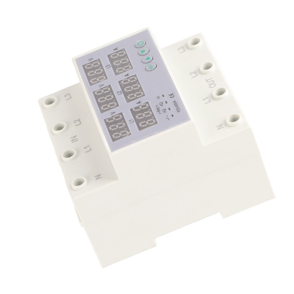 63A 3Phase DIN Rail Voltmeter Ammeter Auto-Overvoltage Overcurrent Protector AC