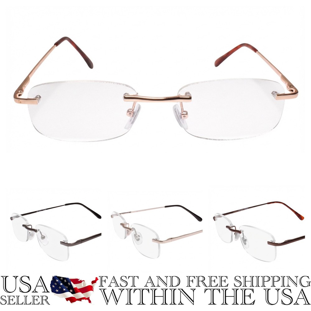 Modern Rimless Spring Hinge Rectangle Reader Reading Glasses +1.25, +1.50, +2.00