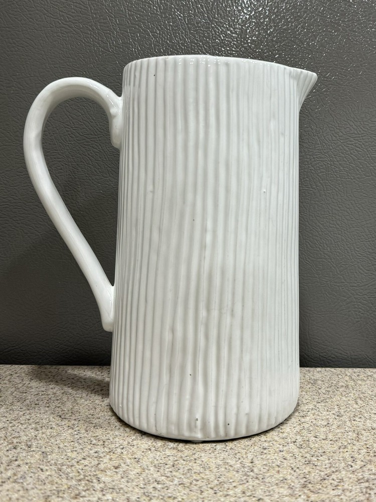 9”x5” White Ceramic Ribbed Pitcher or Vase Decor Unmarked in EUC