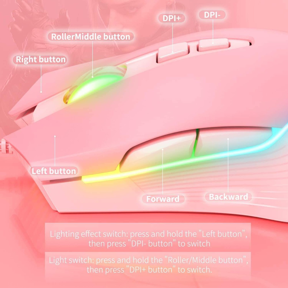 RGB Gaming Mouse Wired 6400 DPI 7 Programmable Buttons Pink Ergonomic