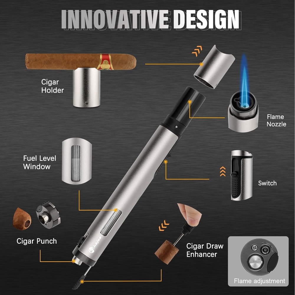 Cigar Lighter Butane Single Jet Flame - Built in Holder, Punch & Draw (2 Pack)