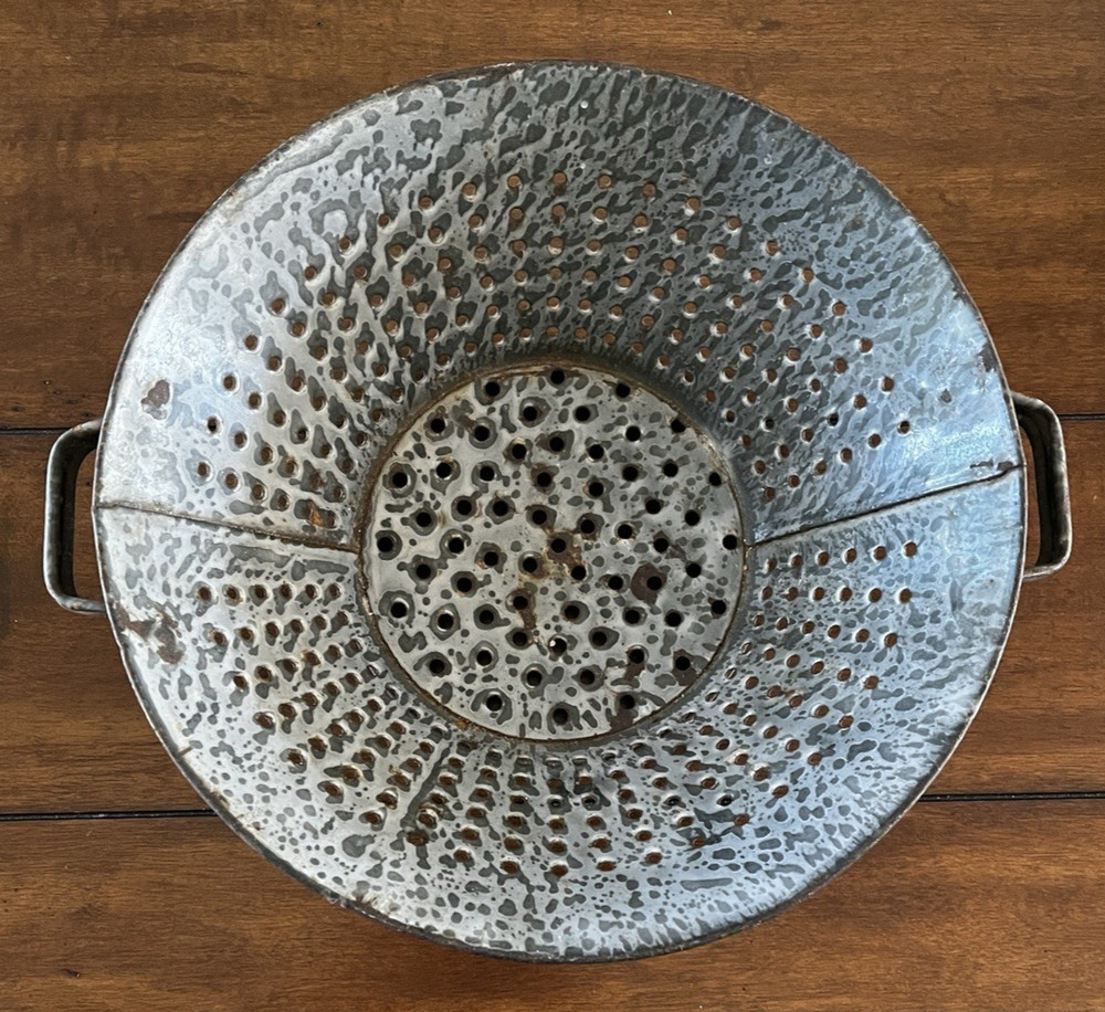 Vintage Graniteware Kitchen Colander Enamelware Strainer Rustic Farmhouse Decor