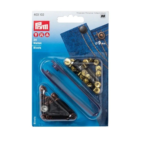 Prym Denim Rivets 9mm, 24 Sets w/ Setting Tool (403102)