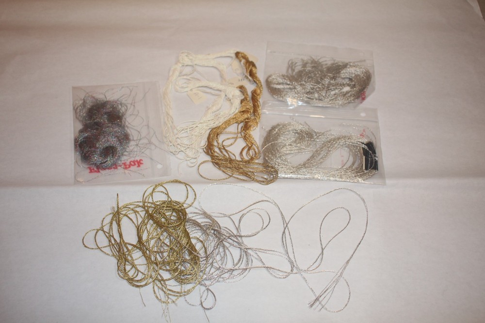 Metallic needlepoint Thread lot silver, gold, white multi large lot DMC, Braid