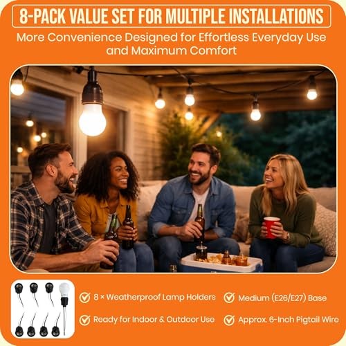 Weatherproof E26 Pigtail Lamp Sockets, Medium Base, Black, 8-Pack, 660W Max