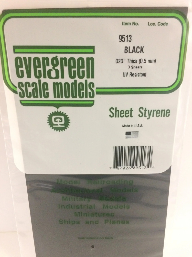 Evergreen Scale Models 9513 Black Styrene Sheets, .02x6x12" (3 Pack)