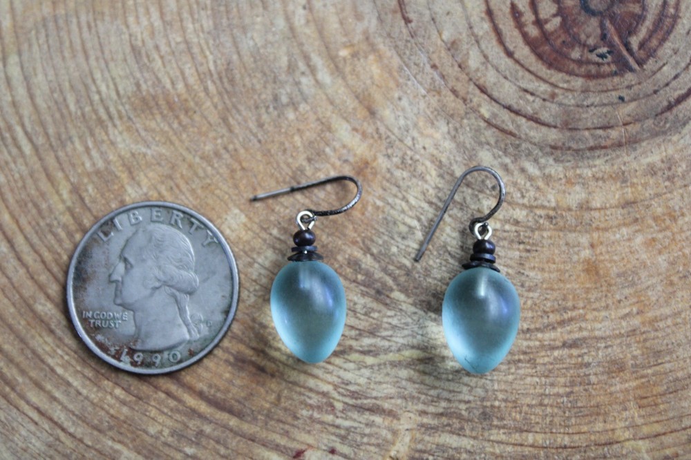 Aqua Glass & Sterling Silver Dangle Earrings