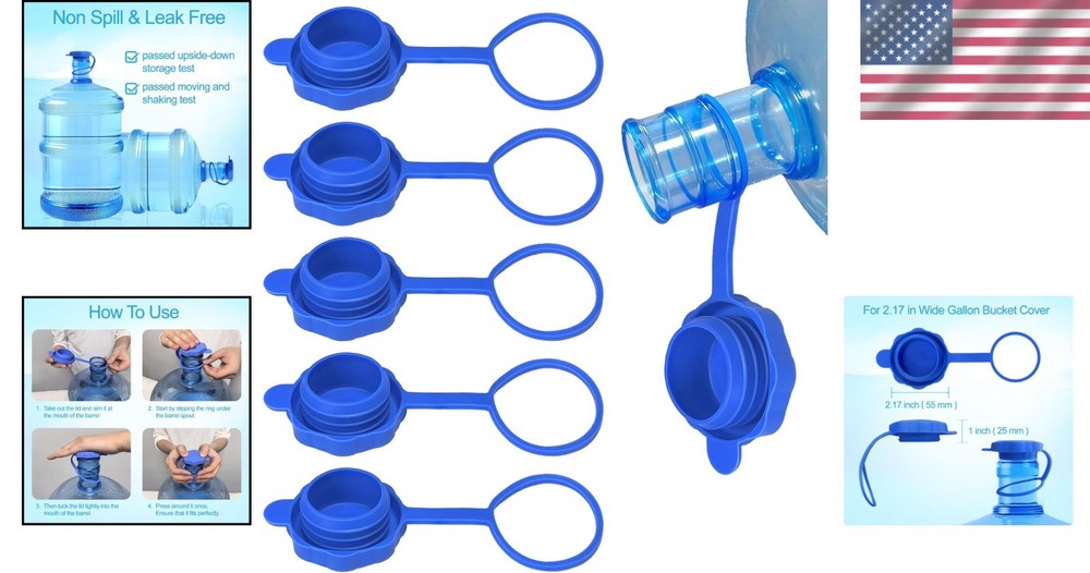 5 Pack Reusable Silicone Water Jug Caps - Leak-Proof & Dishwasher Safe