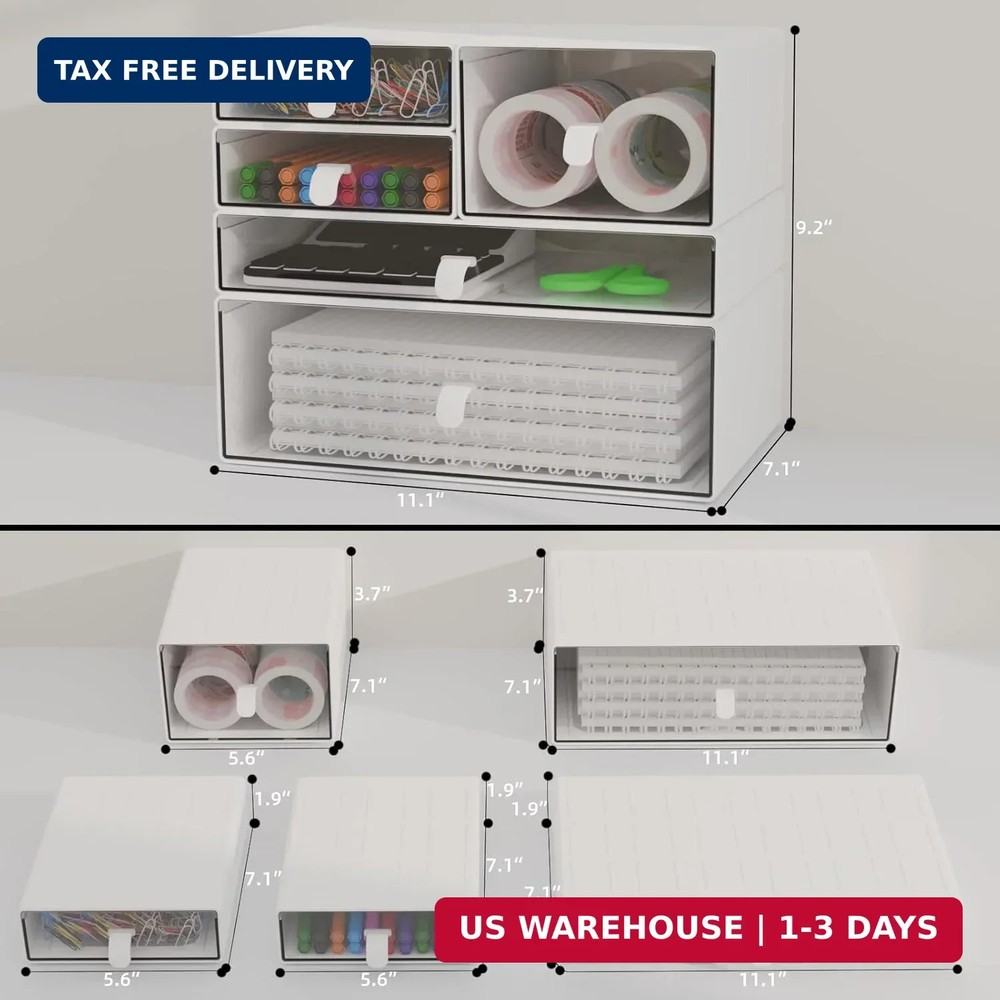 Desk Organizer Set, White & Clear Stackable Dustproof Storage Boxes for Desktop,