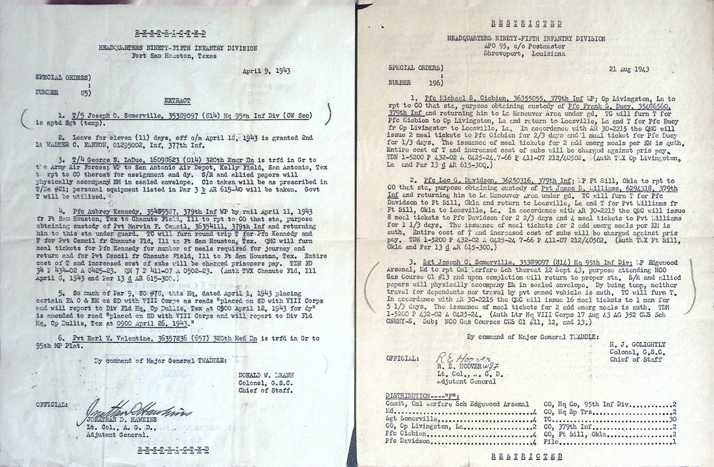 WWII US Army 95th Infantry Division Special Orders 1943 Restricted Document
