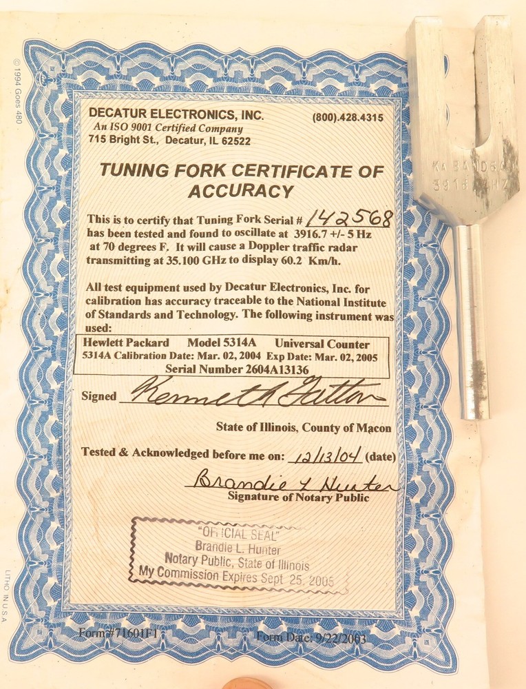 2004 Decatur Radar Tuning Fork 60.2 KPH + Calibration COA