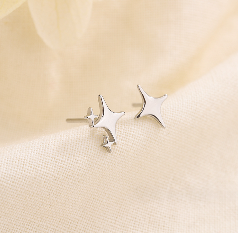 Tiny Stars Ray Silver Titanium Mismatch Stud Earrings