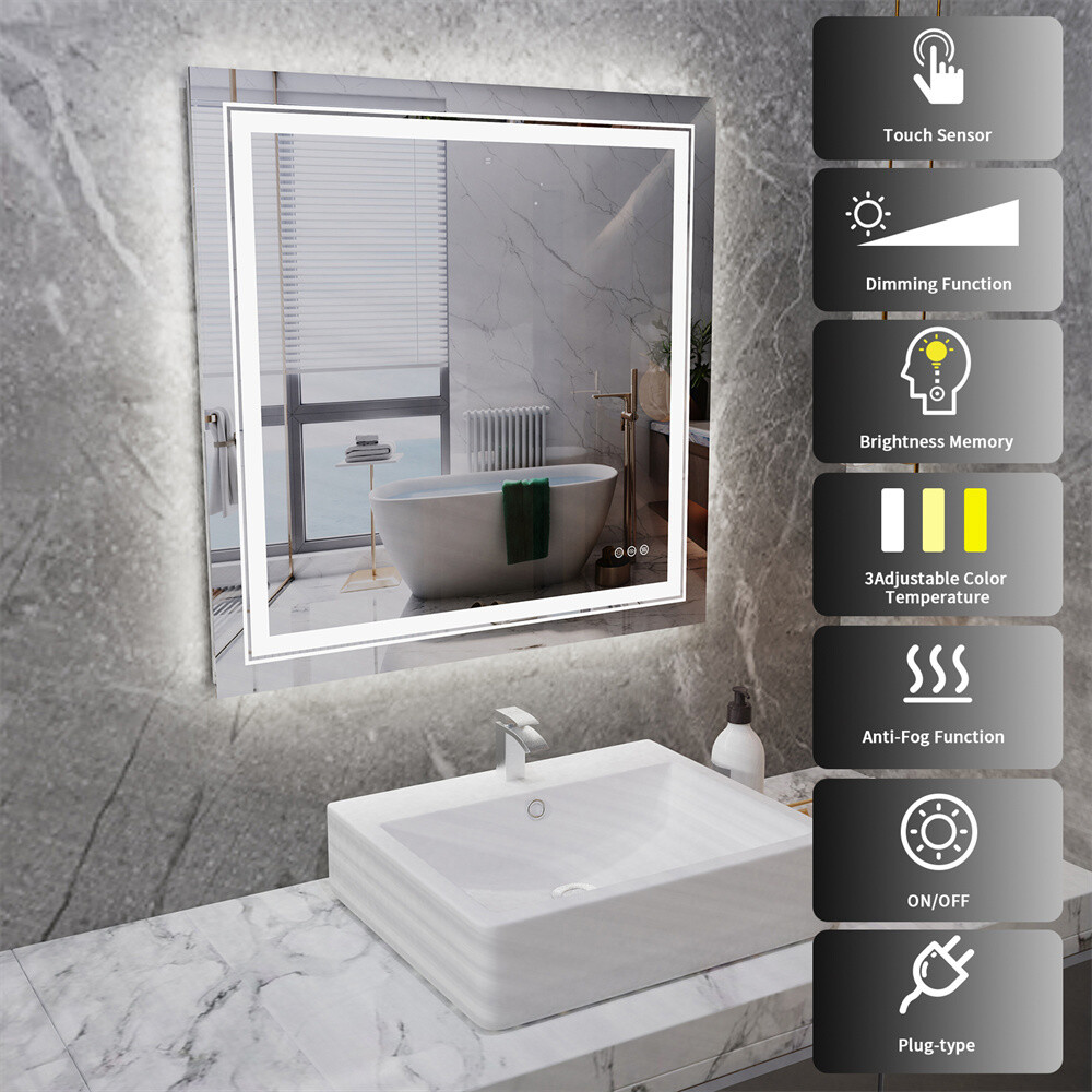 32x32" Square Led Bathroom Mirror Frameless Defogger Memory Touch Wall Mirror L