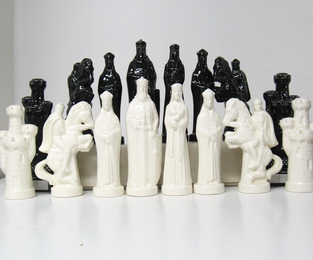Black & White Tall Glazed Ceramic Chess Set 6" King-Complete-No Board