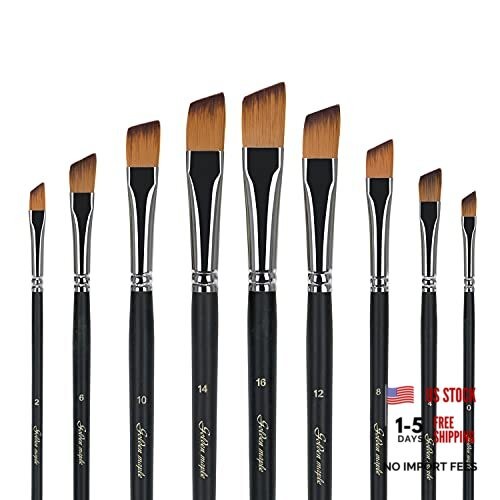 Angular Paint Brush, 9PC Oblique Tip Nylon Hair Long Handle - Angled Paint