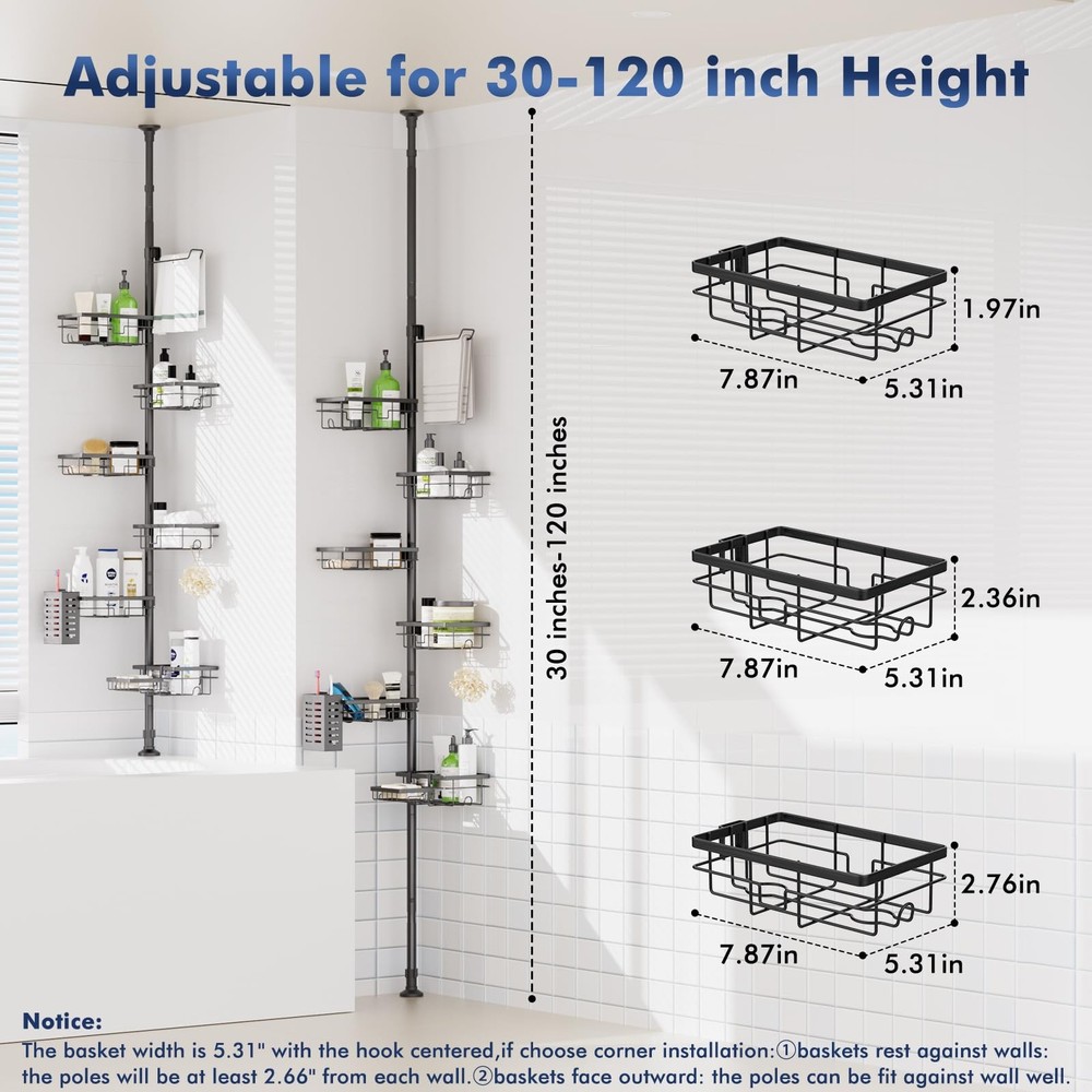 Shower Caddy Organizer Tension Pole, Rustproof 6-Pack Corner Shelf with 30-12...